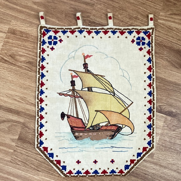 Vintage Other - VTG Needlework Sailing Ship Flag/Wall Hanging